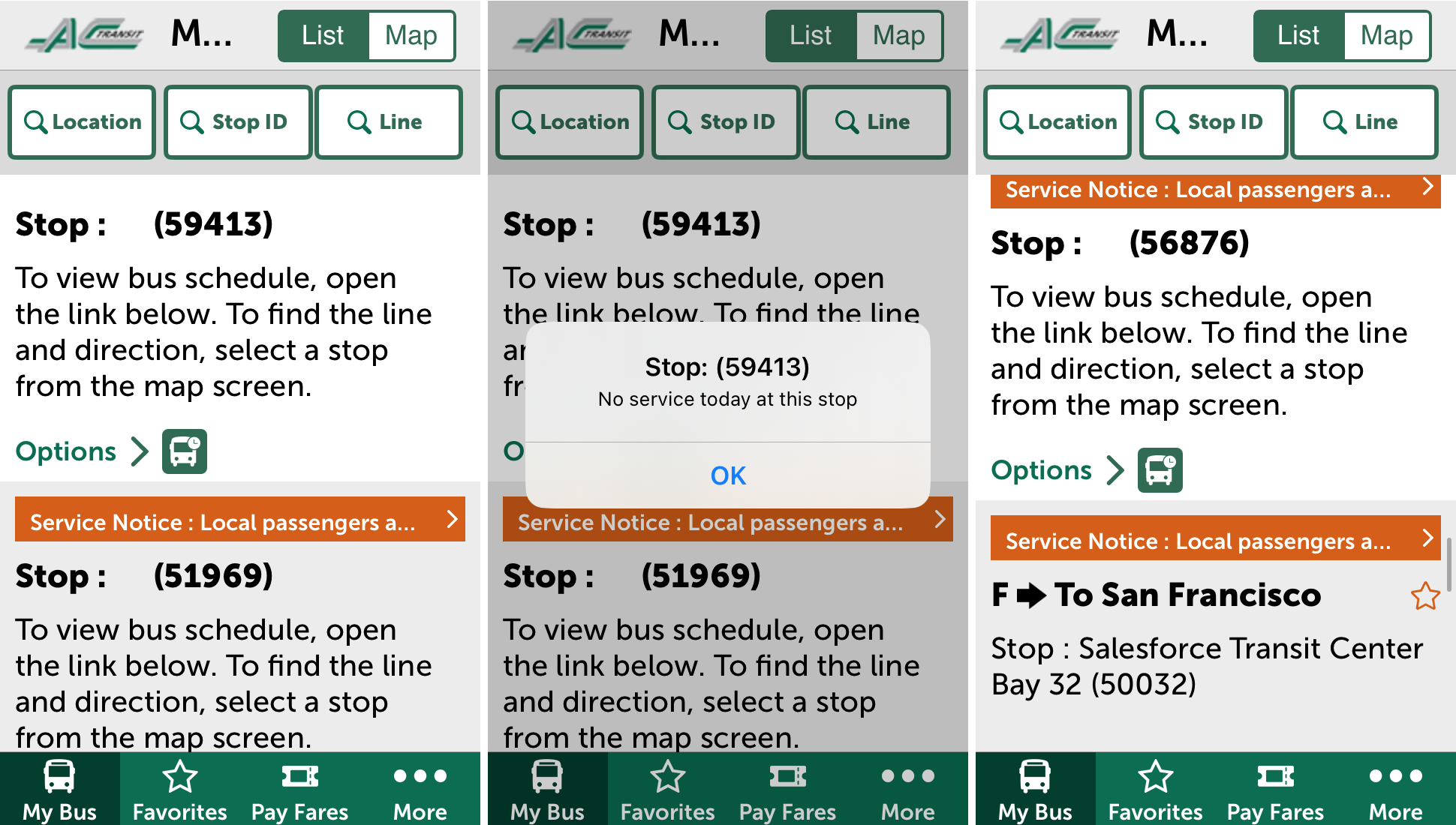 The list of bus stops for the Salesforce Transit Center in AC Transit's official app begins with an unnamed bus stop, 'Stop (59413)'. If you tap this stop, the app displays a 'No service today at this stop' pop-up message. On weekends, the active bus stops and routes appear at the end of the list.