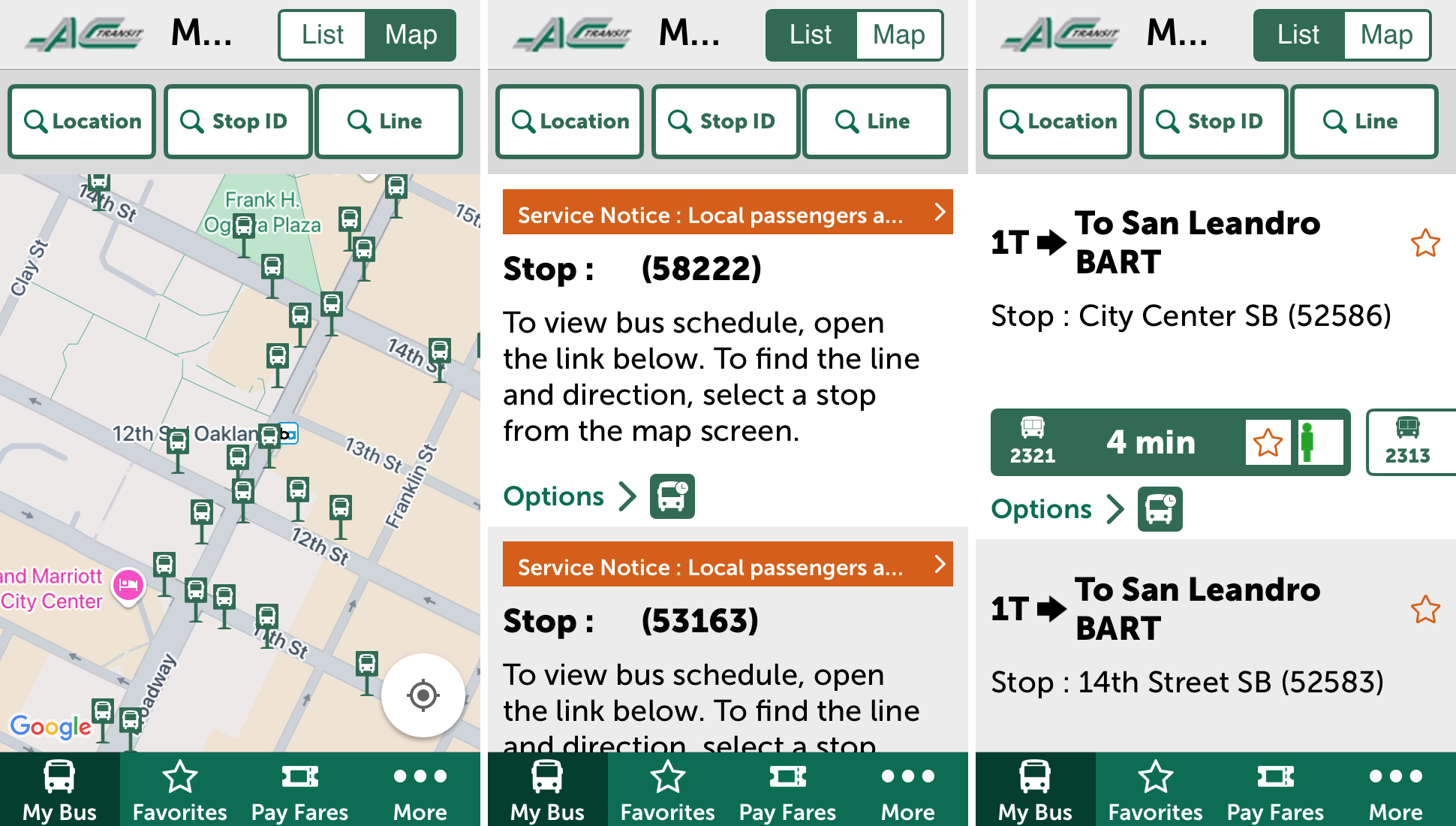 The map of Downtown Oakland in AC Transit's official app shows many identical, unlabled bus stops. The list begins with an unnamed bus stop, 'Stop (58222)'. In-use bus stops have names like 'City Center SB' and '14th Street SB'.