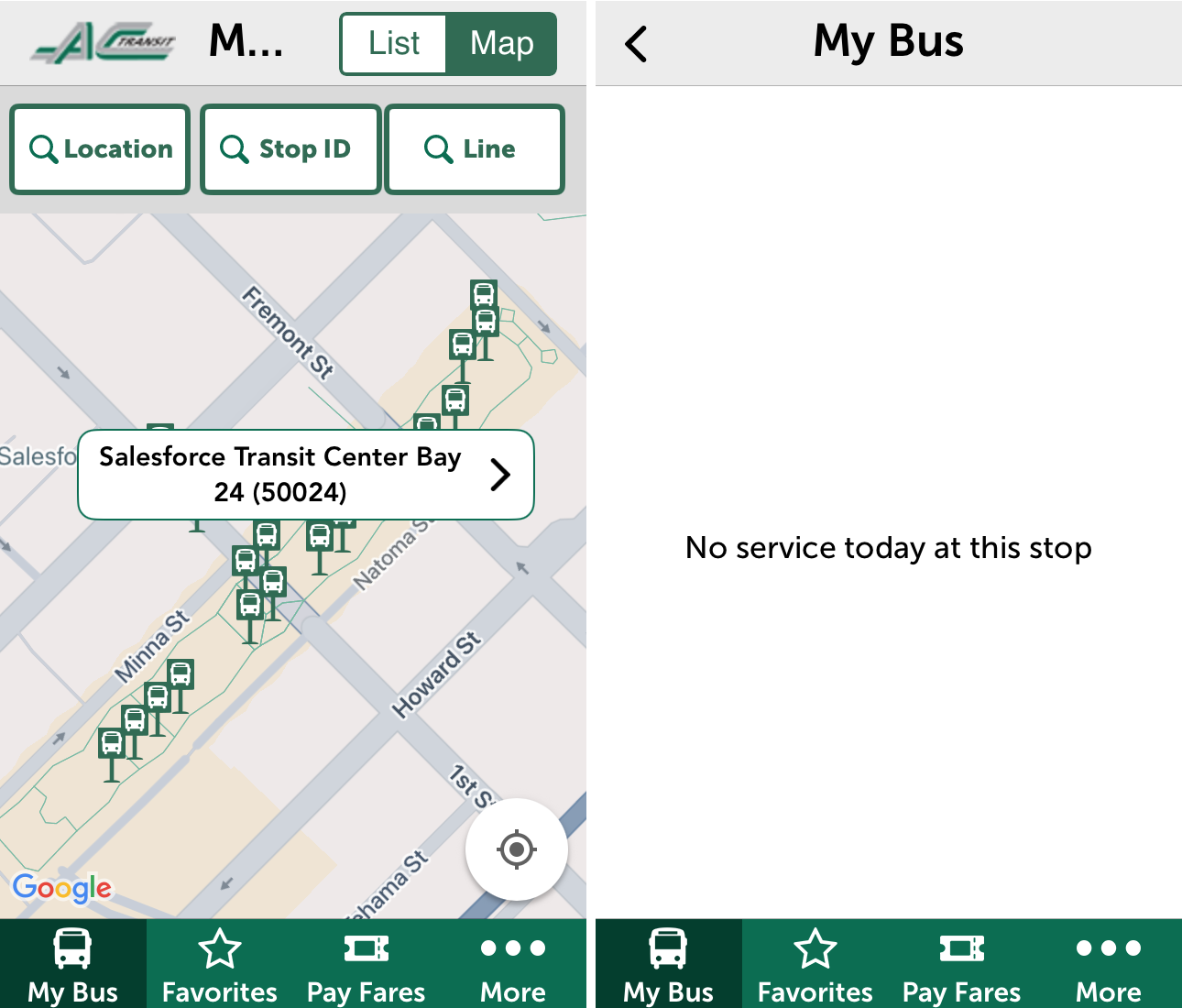If you happen to tap Bay 24 on the map of the Salesforce Transit Center in AC Transit's official app, a 'Bay 24 (50024)' header appears. If you tap again on the weekend, 'No service today at this stop' appears on a white screen without the bay number.