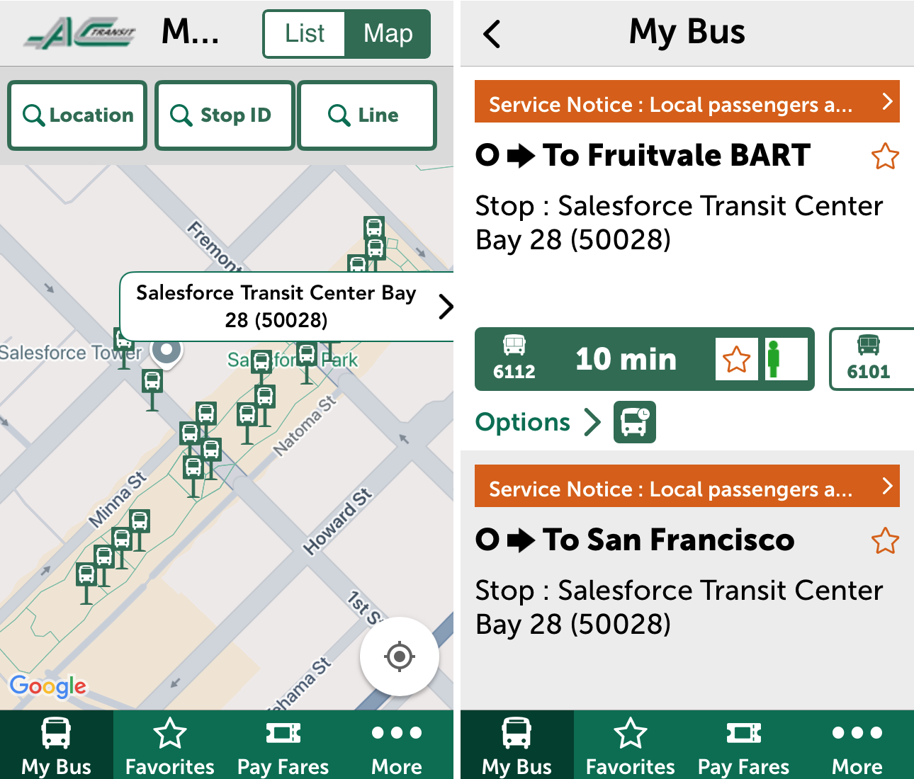 If you happen to tap Bay 28 on the map of the Salesforce Transit Center in AC Transit's official app, a 'Bay 28 (50028)' header appears. If you tap again, the next departure time of the 'O' Transbay bus appears.