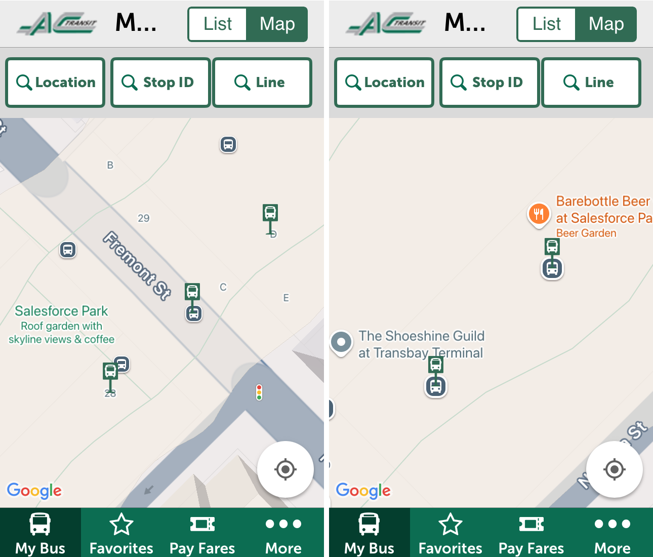 When magnified to show 3 bus bays, the map of the Salesforce Transit Center in AC Transit's official app shows no numbers for bus deck Bay 32 or Bay 30, a tiny '28' for Bay 28, and a 'Roof garden with skyline views & coffee' label. When magnified to show 2 bus bays, the map shows no bus bay numbers, but does show 'Beer Garden' and 'Shoeshine' labels.