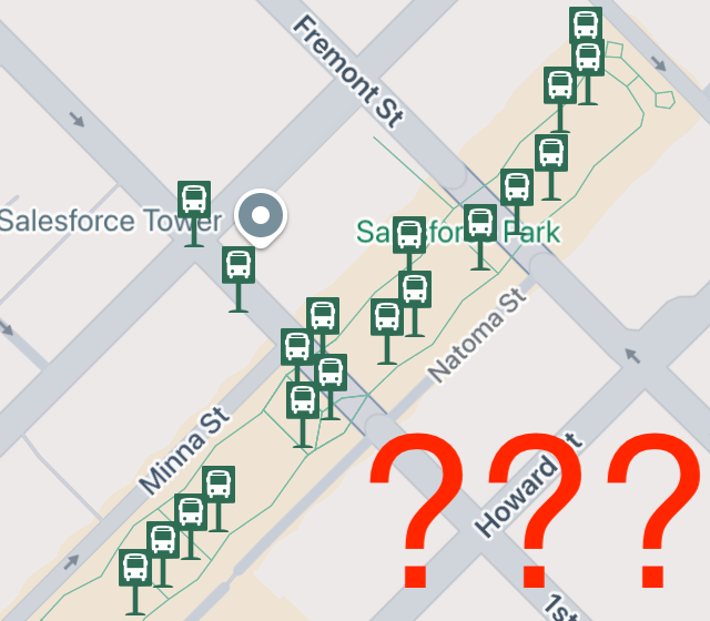 The map of the Salesforce Transit Center in AC Transit's official app shows many identical, unlabeled bus stops