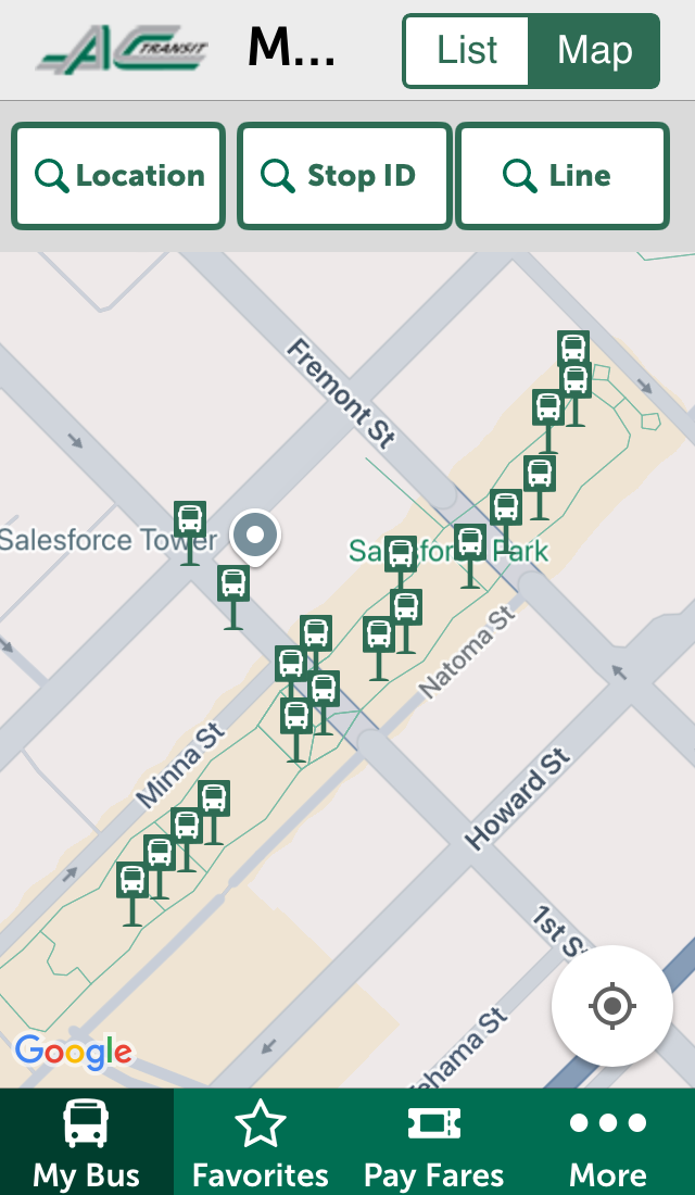 The map of the Salesforce Transit Center in AC Transit's official app shows many identical, unlabeled bus stops.