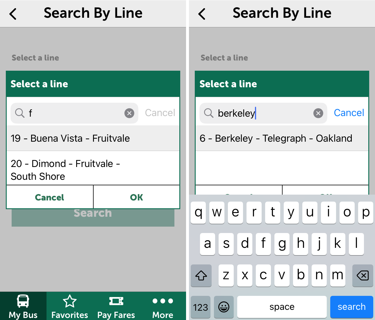 When you search by bus line and type 'f' for the Transbay bus line to Berkeley, AC Transit's official app lists only the 19 and the 20, a pair of non-Transbay lines that serve Fruitvale. When you type 'berkeley', the app returns only the 6, another non-Transbay line.