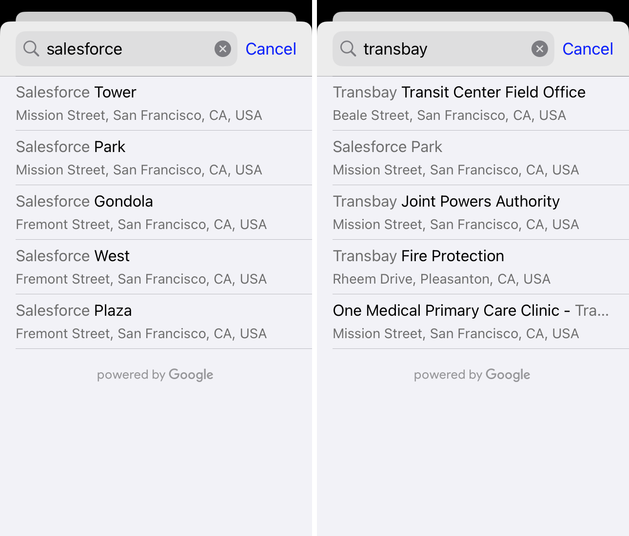 When you search by location and type 'salesforce' or 'transbay', AC Transit's official app lists buildings, offices, businesses, and the rooftop park, but not the Salesfore Transit Center itself.