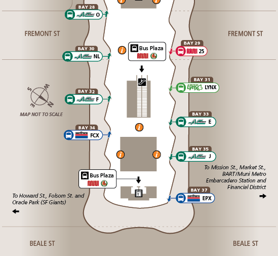 This excerpt of AC Transit's map of the Salesforce Transit Center bus deck shows the portion above (in physical space) and between Fremont Street (top of map, east) and Beale Street (bottom of map, west). Bays 28 to 34 (left side of map, south) and Bays 29 to 37 (right side of map, north) are shown. In addition to the bay number, each bay is labeled with the bus line letter(s) or name, and the logo of the operating agency.