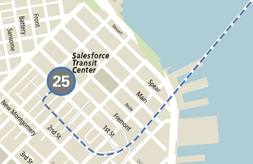 The Salesforce Transit Center potion of the San Francisco Municipal Railway's official route map for the Treasure Island bus shows the line number, 25, but not the bus bay number, 29.