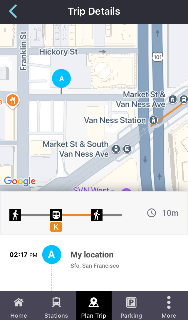 When you select 'Sfo, San Francisco' as your origin (Point 'A') in the trip planner of the San Francisco Bay Area Rapid Transit District's official app, the map shows a blue circle labeled 'A' at a point near Franklin and Hickory Streets in the City of San Francisco.
