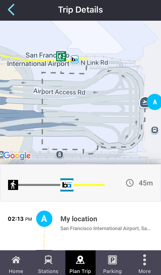 When you select 'San Francisco International Airport' as your origin (Point 'A') in the trip planner of the San Francisco Bay Area Rapid Transit District's official app, the map directs you to walk outside, from the middle of the International Terminal, across a highway, to the BART station.