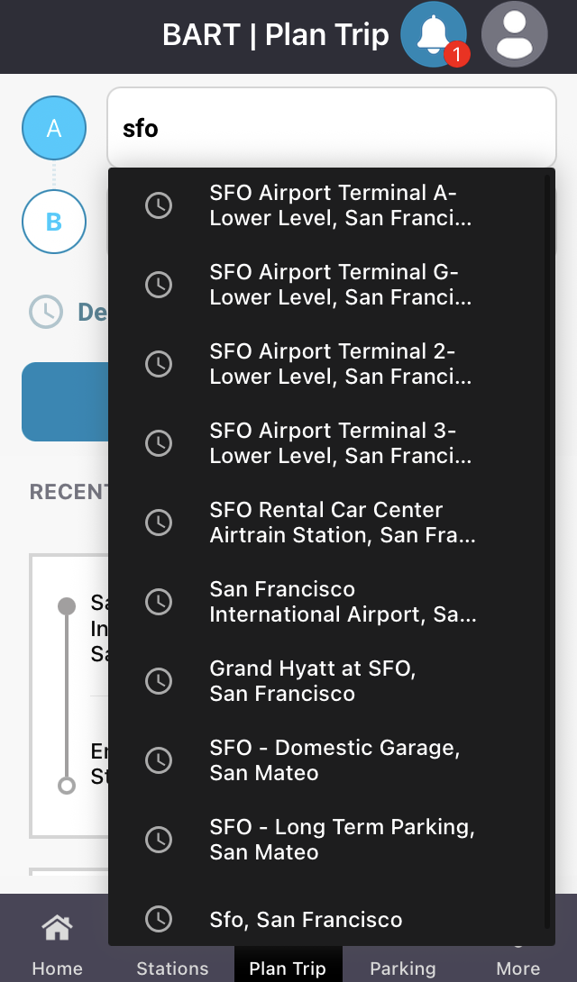 The first search result for 'sfo' in the trip planner of the San Francisco Bay Area Rapid Transit District's official app is 'SFO Airport Terminal A-Lower Level'. The remaining nine results include terminals, airport-operated parking garages, and a hotel, but no BART station.