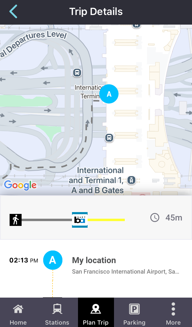 When you select 'San Francisco International Airport' as your origin (Point 'A') in the trip planner of the San Francisco Bay Area Rapid Transit District's official app, the map shows a blue circle labeled 'A', mid-way between the two ends of the International Terminal, one of which is labeled 'International and Terminal 1, A and B Gates'.