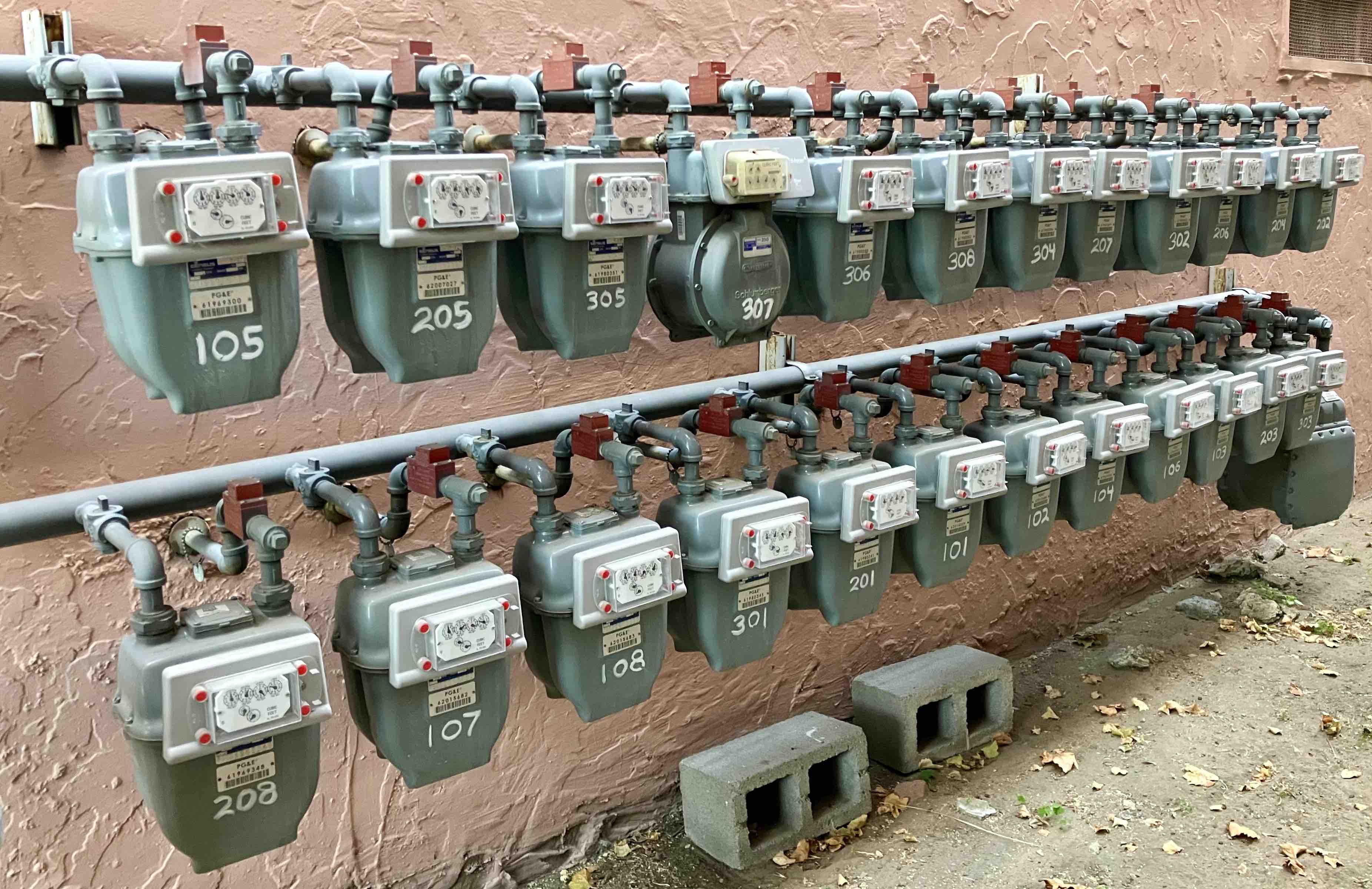 Two perfect rows of identical gas meters